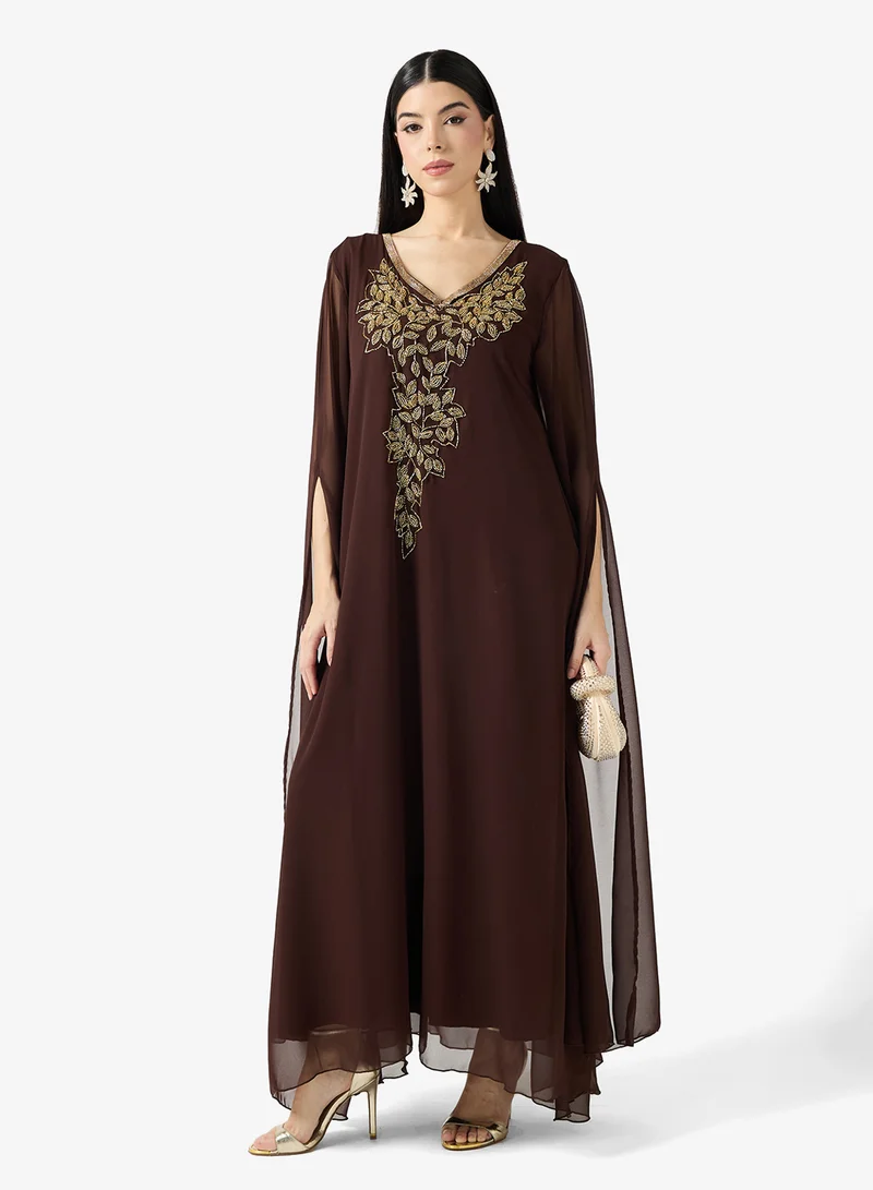 hayas closet  V-Neck Embroidered Neck Flared Sleeve Dress for Women | Best Price UAE